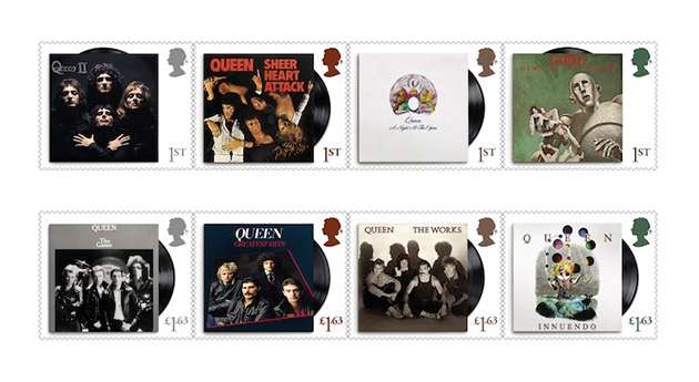 Royal Mail stamps honoring Queen's album covers.